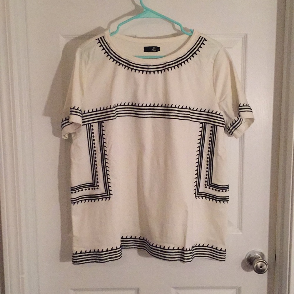 White Top with Navy Embroidery